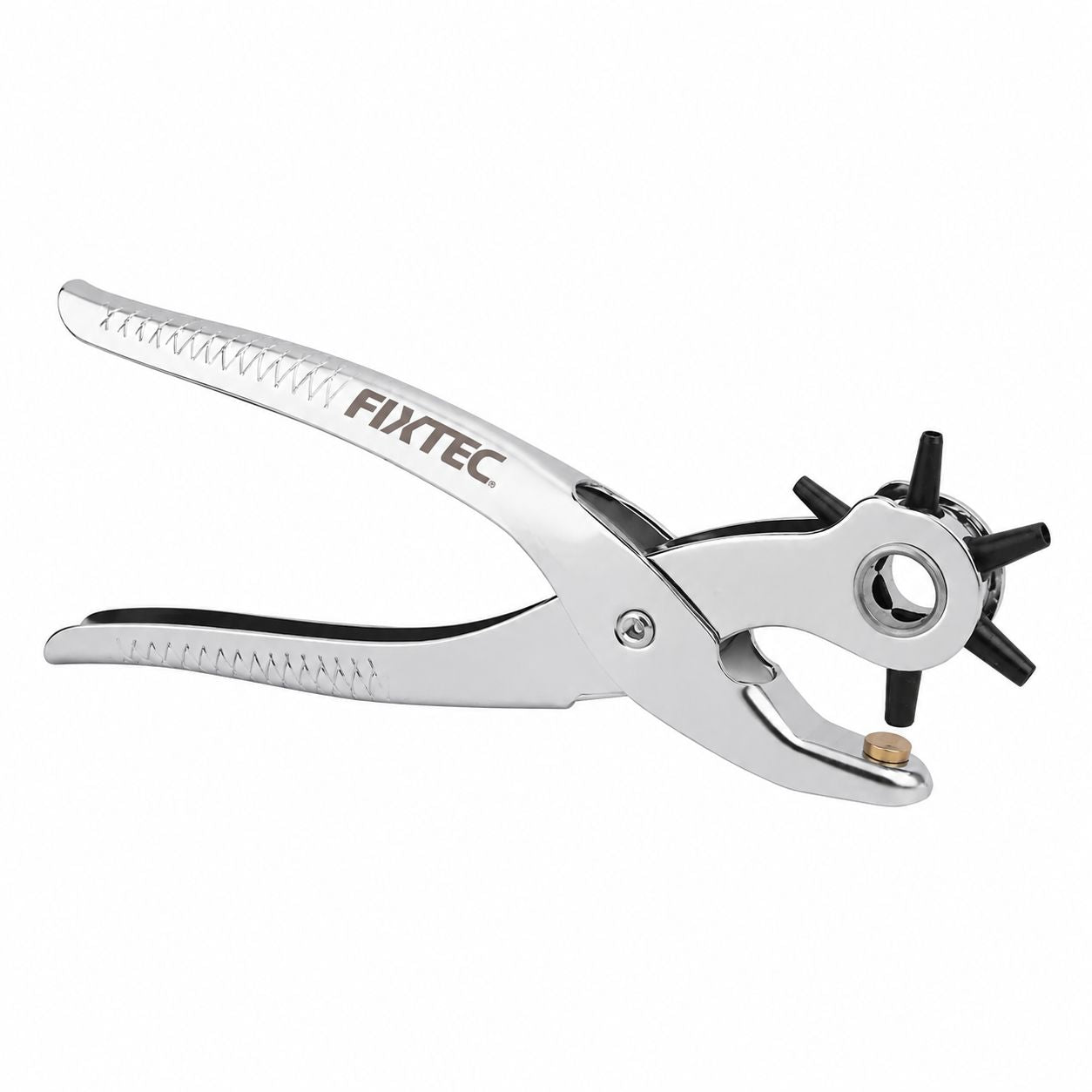Metal hole punch with 'FIXTEC' branding on a white background