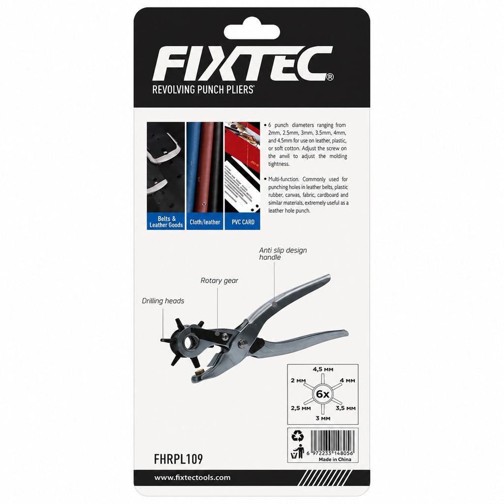 FIXTEC revolving punch pliers packaging with product illustration and specifications.