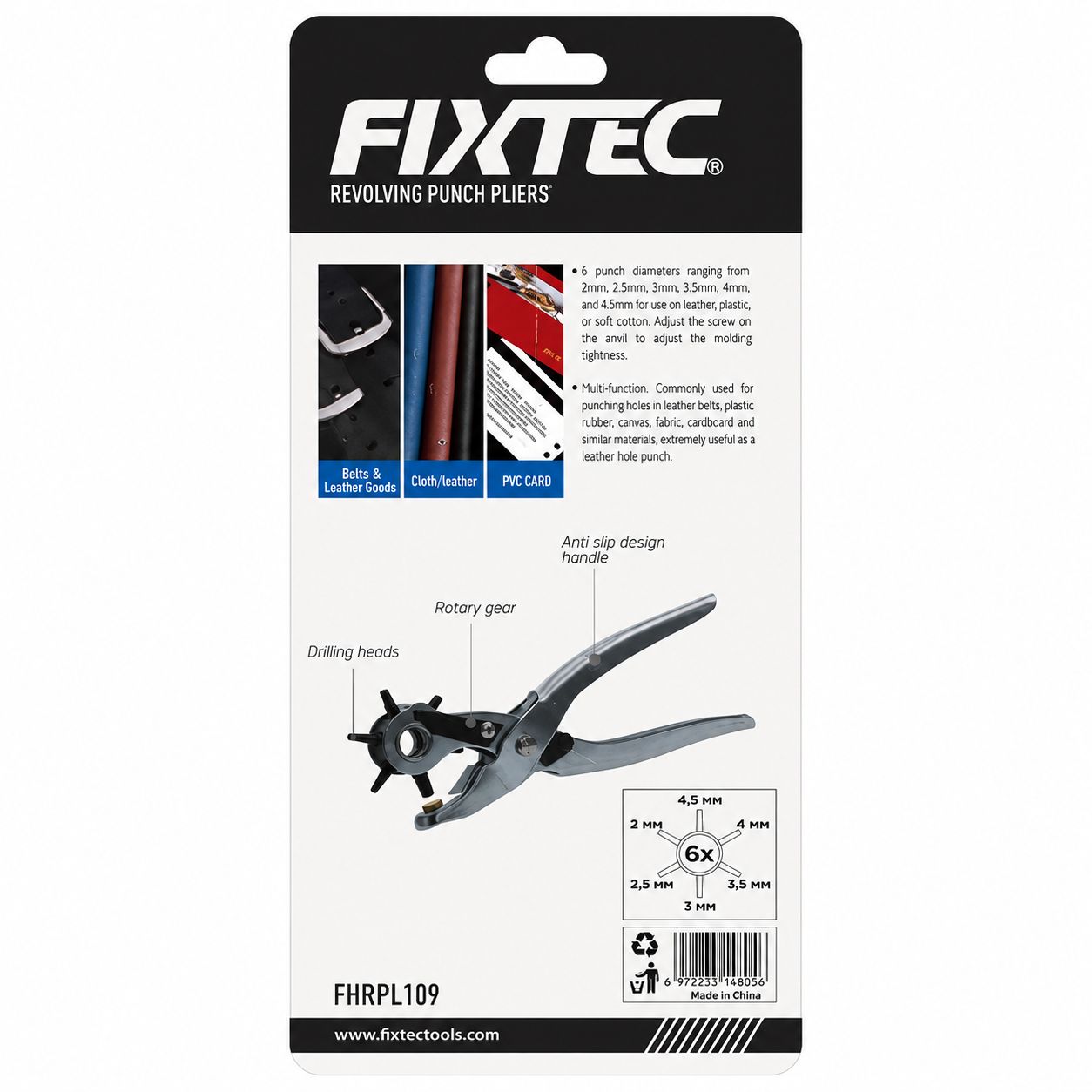 FIXTEC revolving punch pliers packaging with product illustration and specifications.