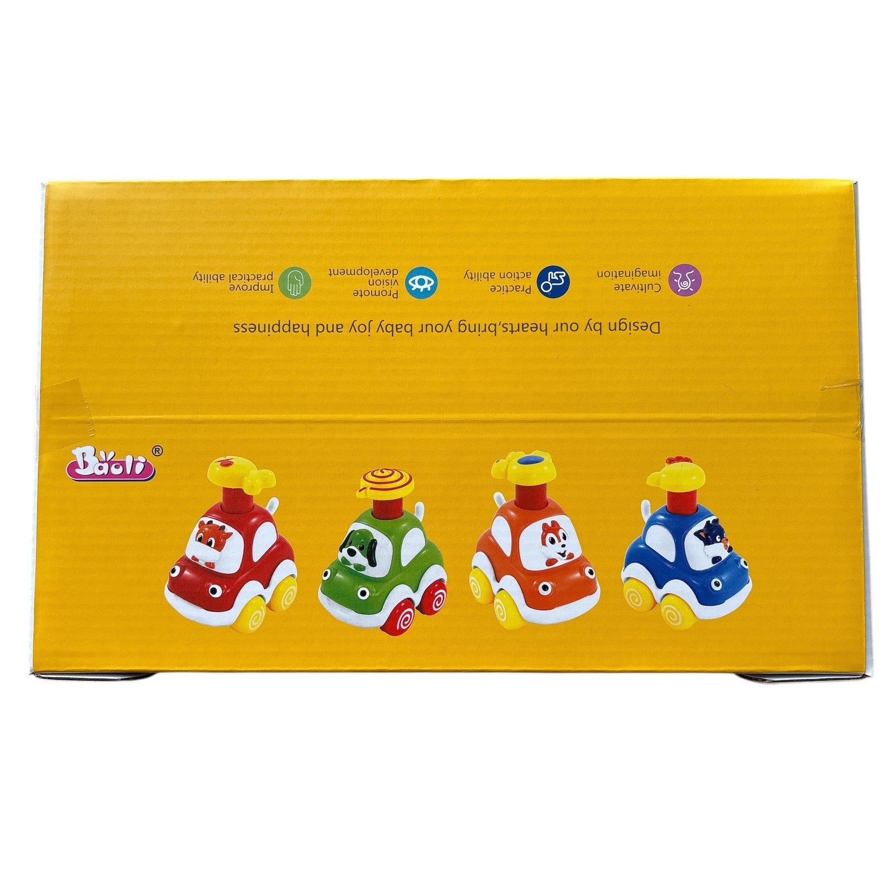 Yellow box with colorful toy cars on a white background