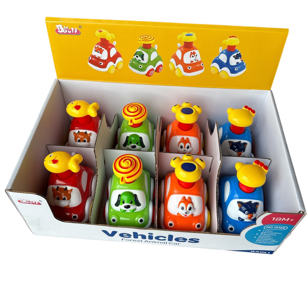 Box of colorful toy vehicles with animal designs on a white background