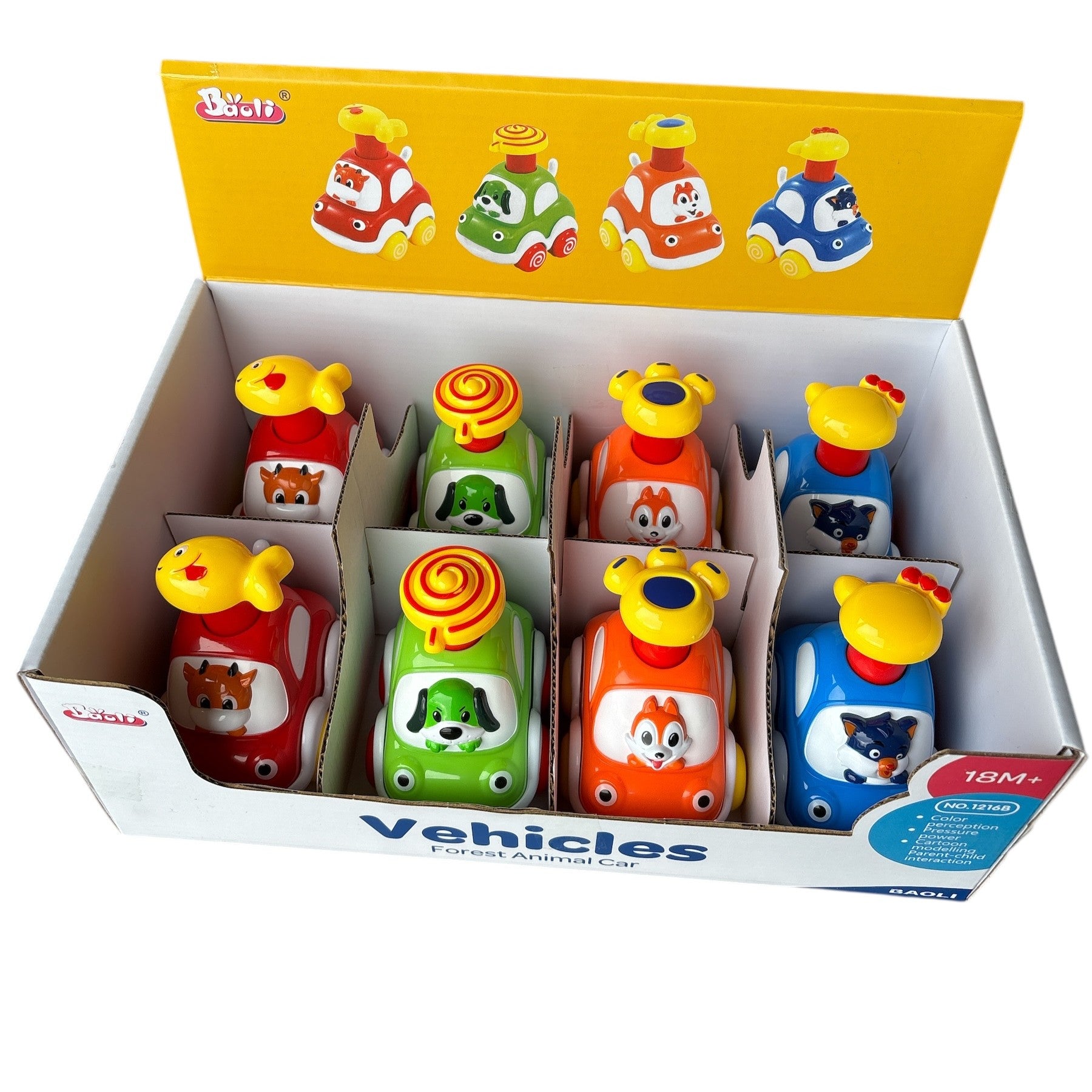 Box of colorful toy vehicles with animal designs on a white background