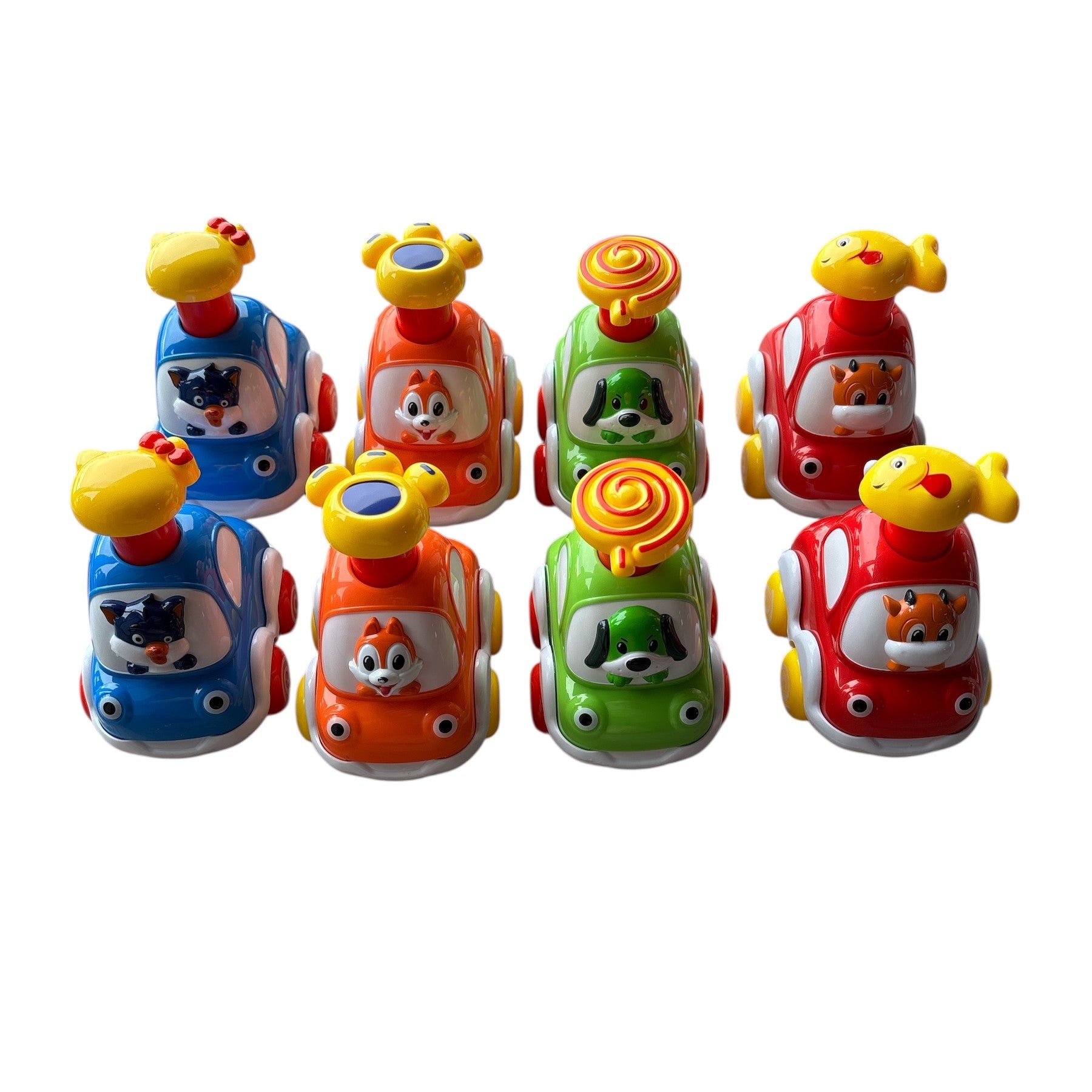 Set of colorful toy cars with cartoon character faces on a white background