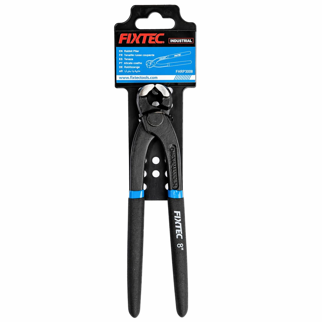 Pair of black pliers with a FIXTEC branded packaging on a white background