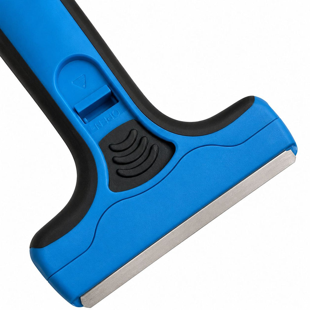 Blue and black squeegee with a white background