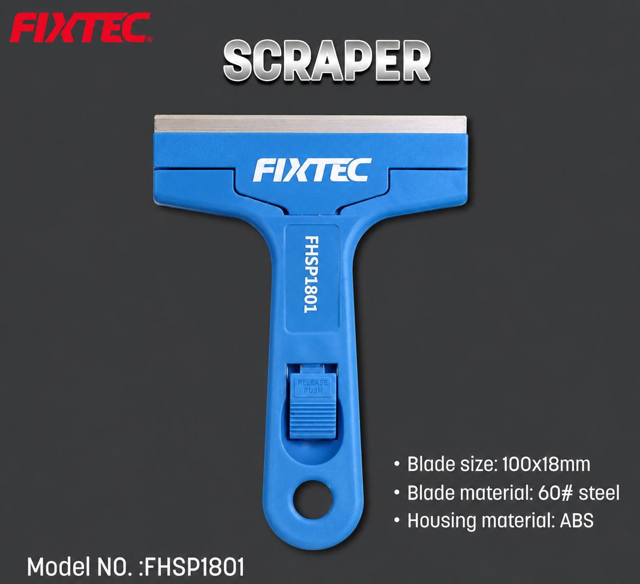FIXTEC scraper with blue handle and silver blade on a dark background