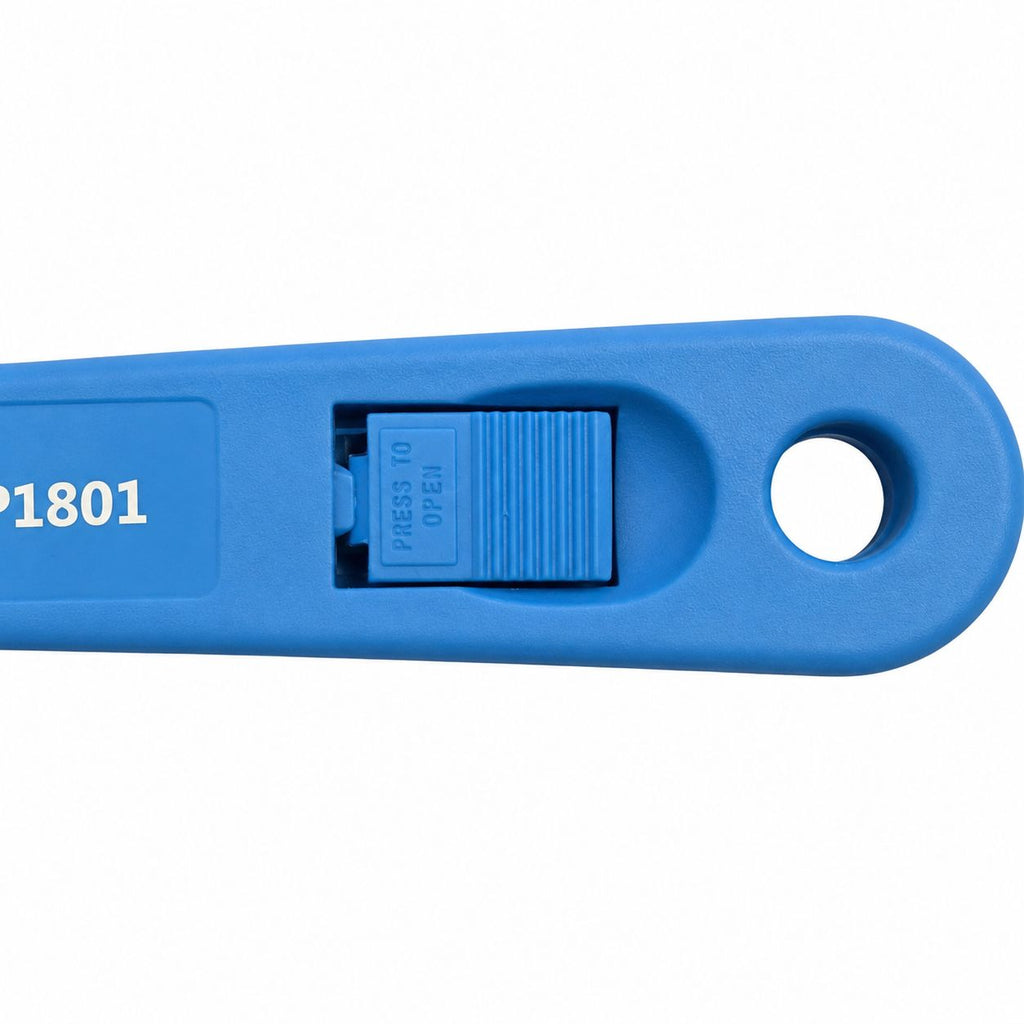 Blue plastic tool with a switch on a white background