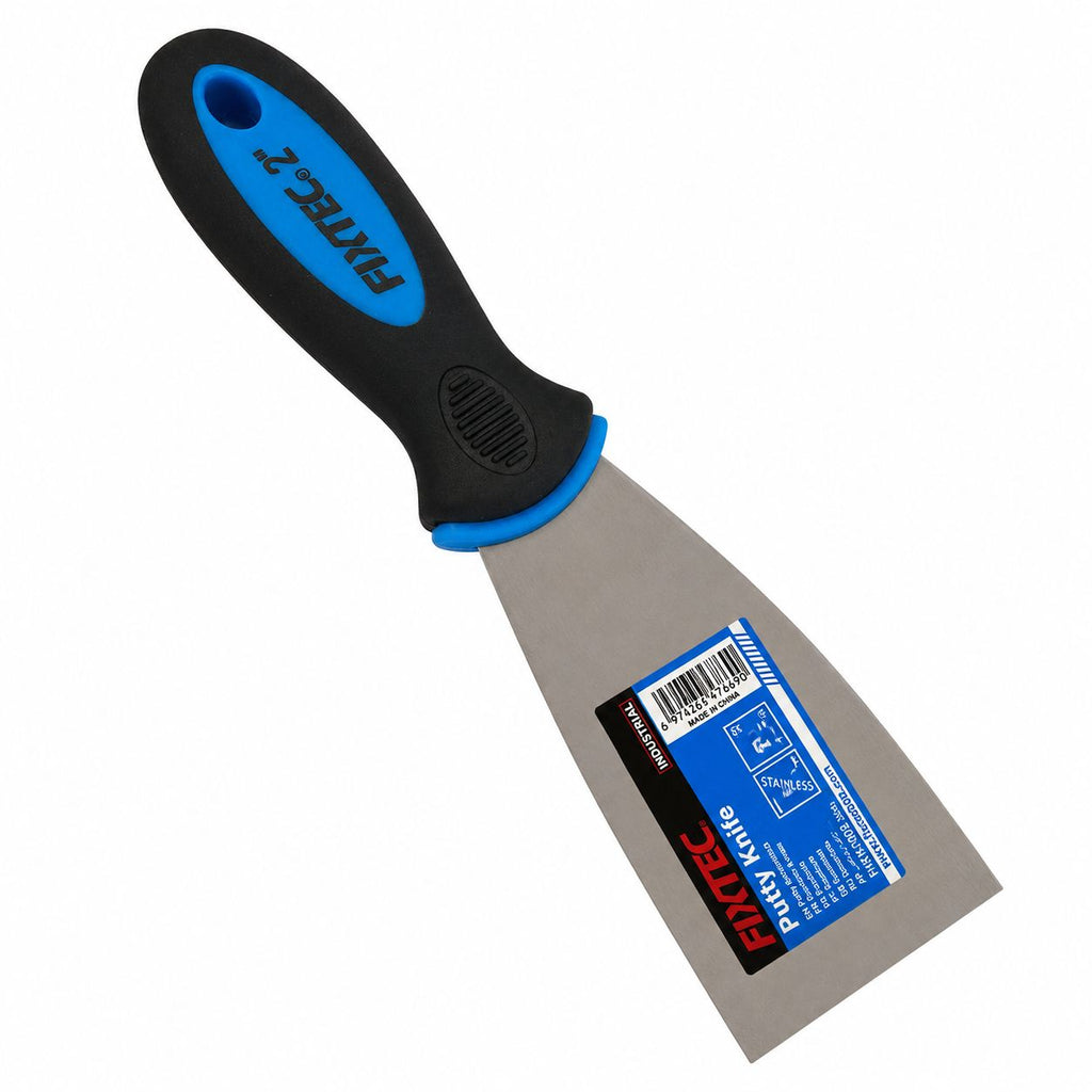 Putty knife with black and blue handle on a white background