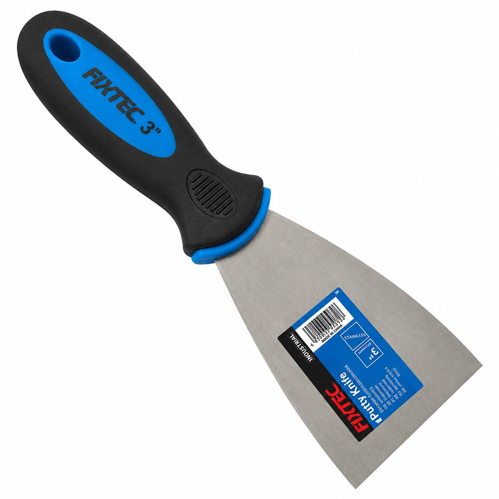Putty knife with black and blue handle on a white background