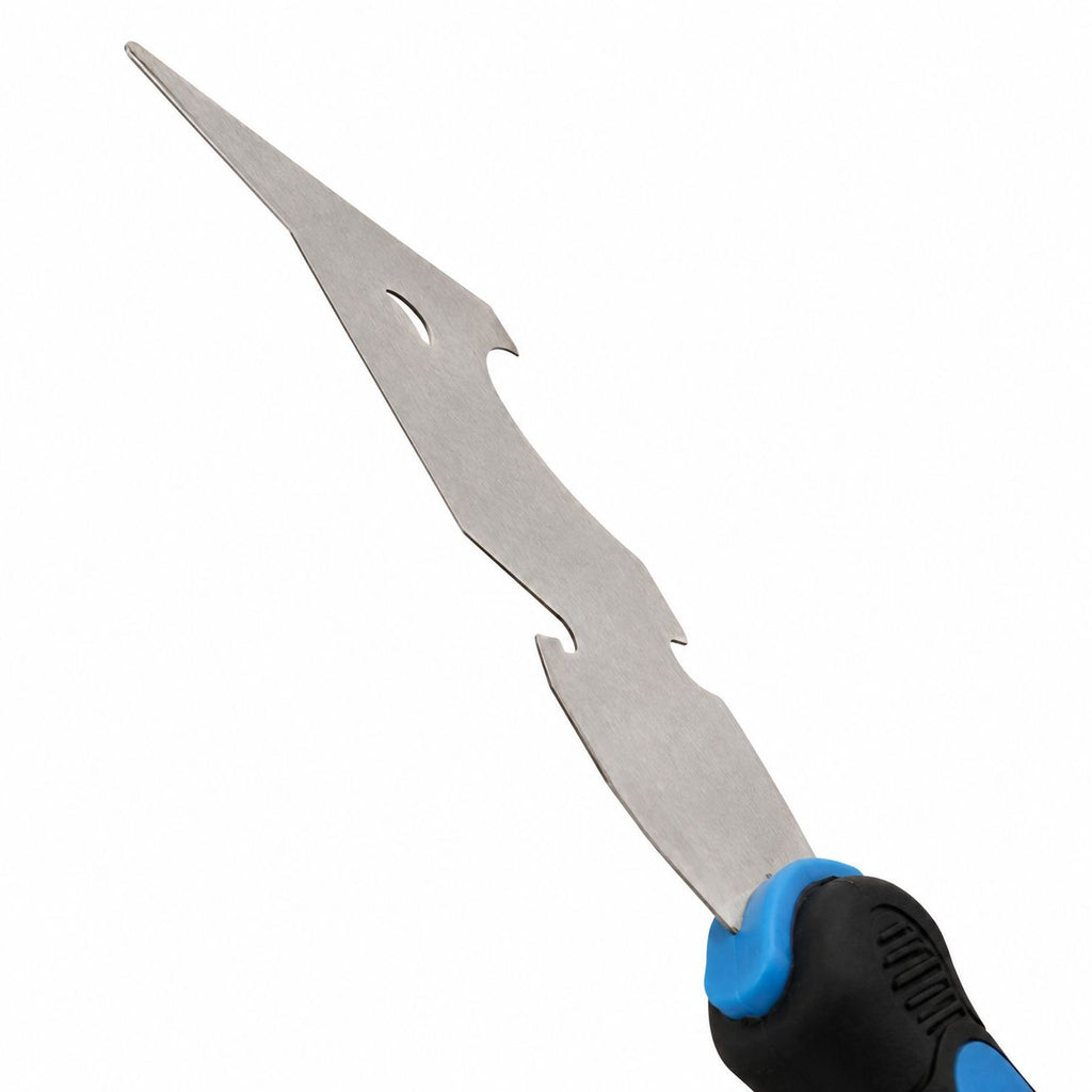 Fishing spear with a blue handle on a white background
