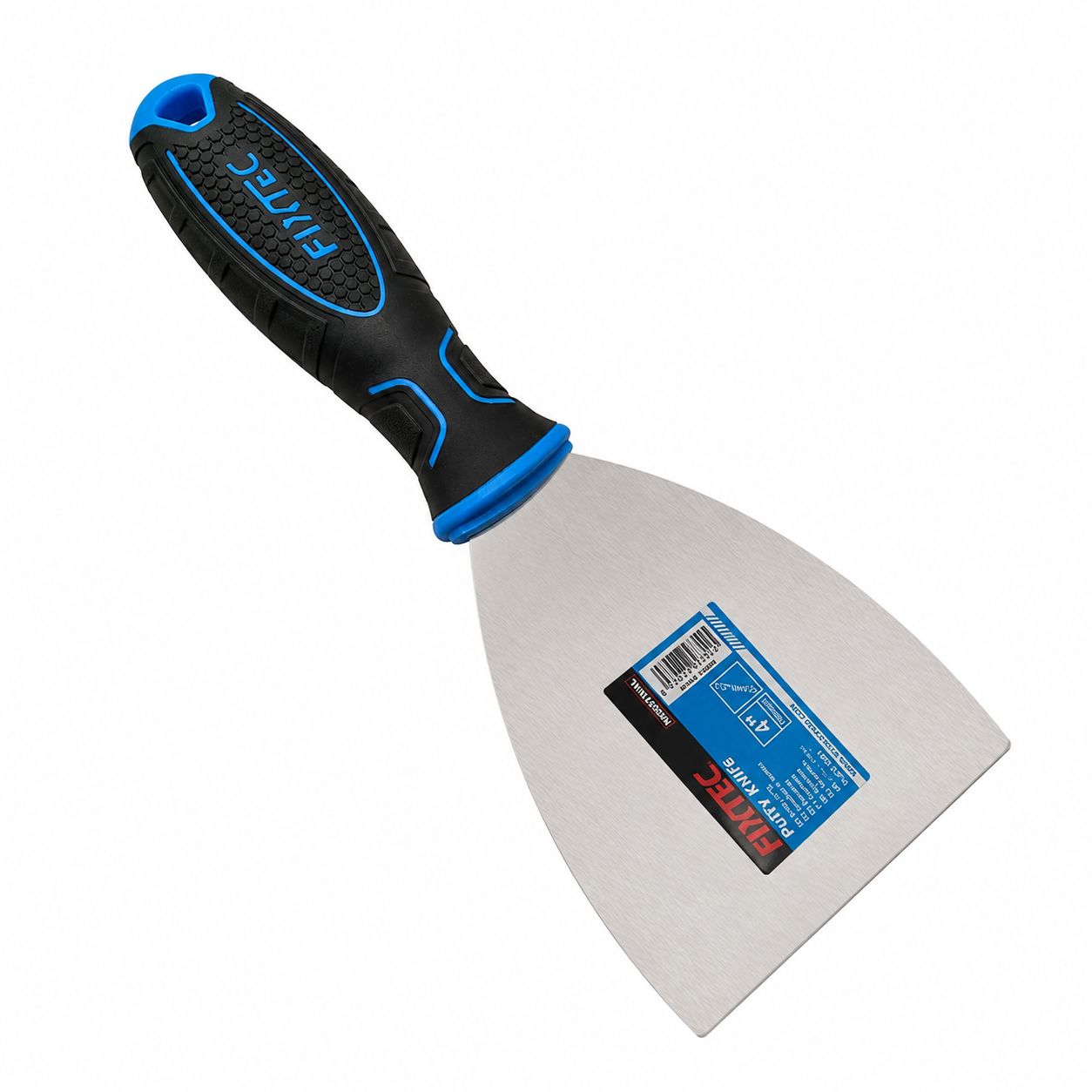Putty knife with black and blue handle on a white background