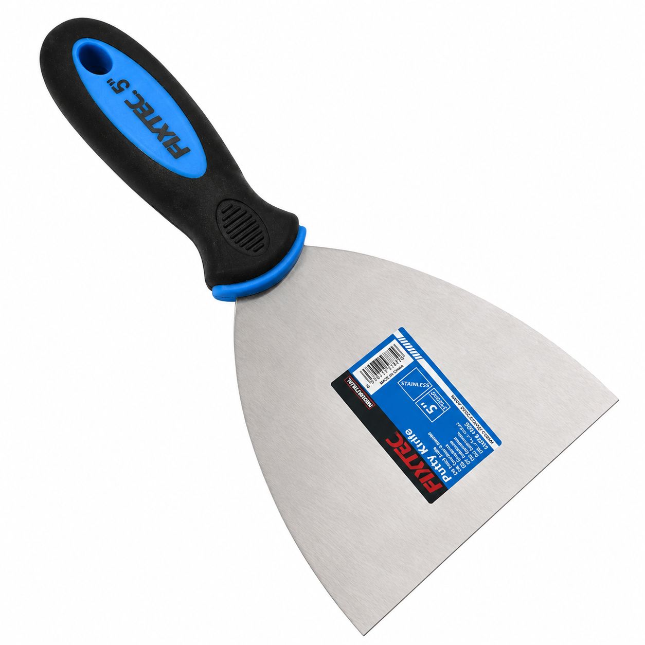 Putty knife with black and blue handle on a white background
