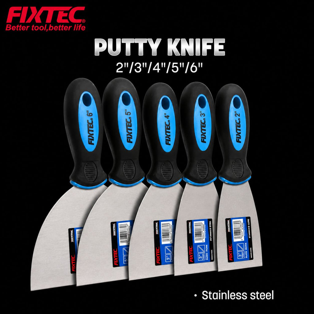 Set of putty knives with Fixtec branding on a black background