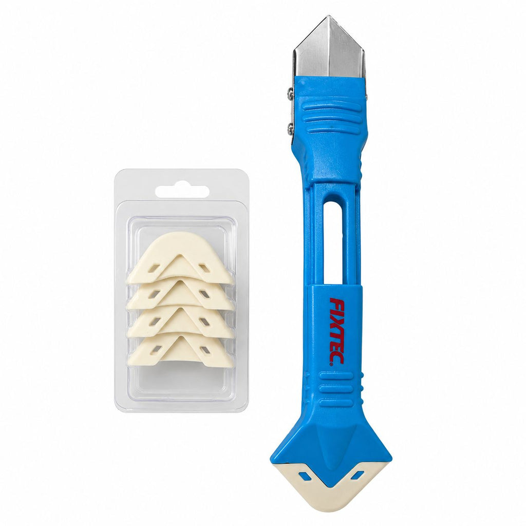 Blue utility knife with beige blades and a clear packaging of additional blades on a white background