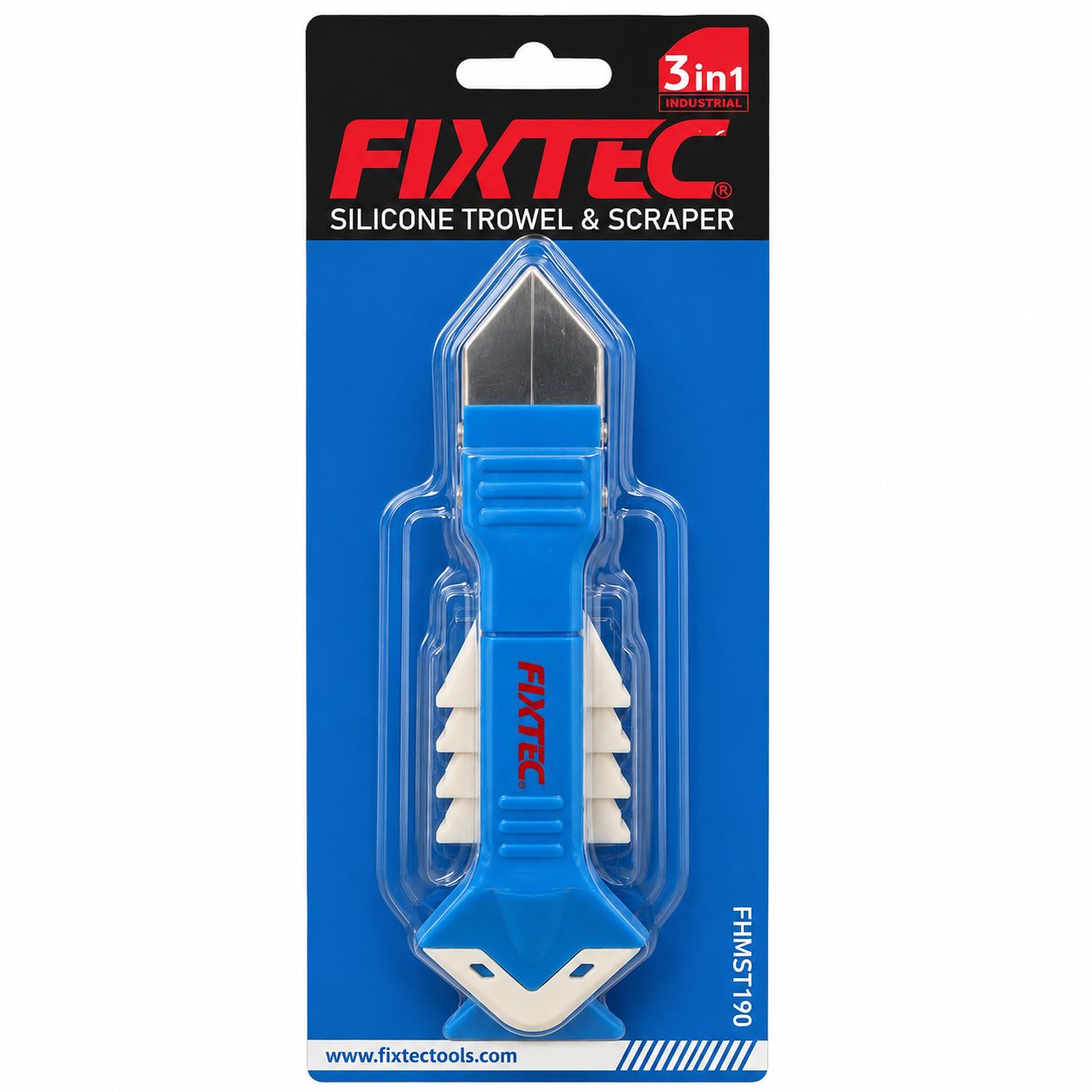 FIXTEC silicone trowel and scraper set in packaging on a white background