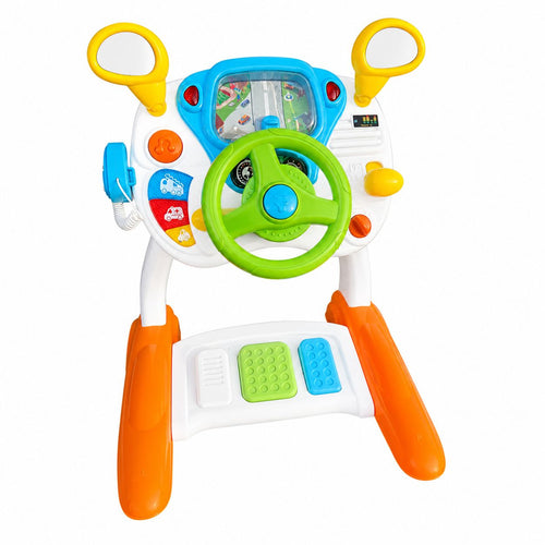 Colorful toy steering wheel with buttons and mirrors on a white background