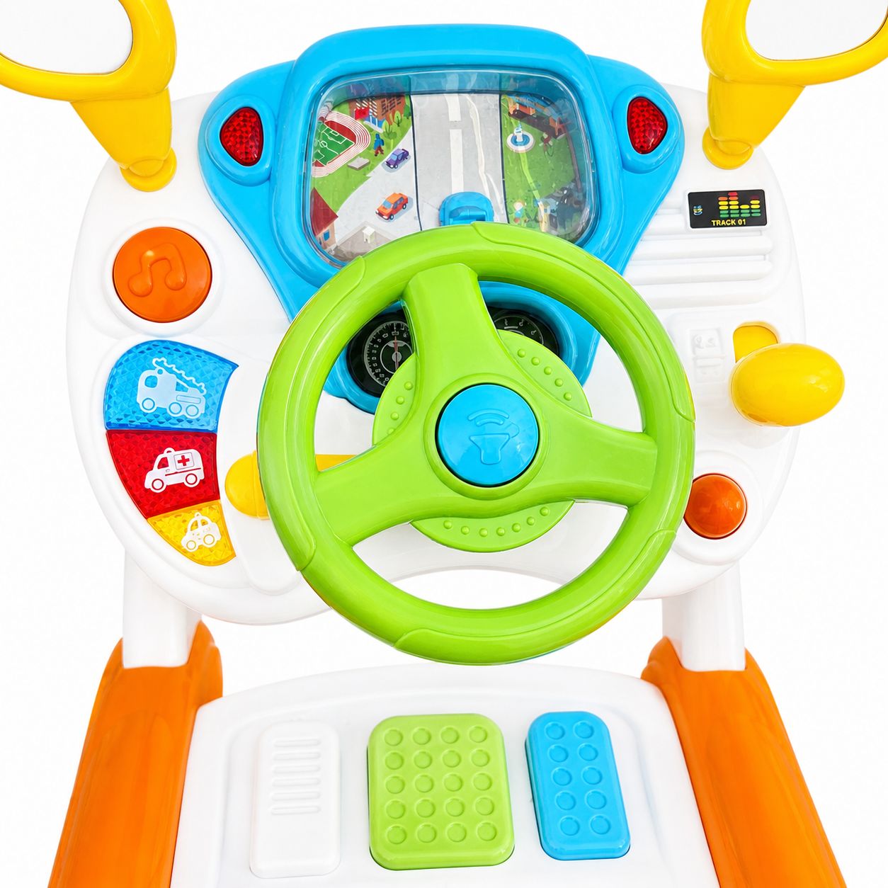Colorful toy car with steering wheel and road display on a white background