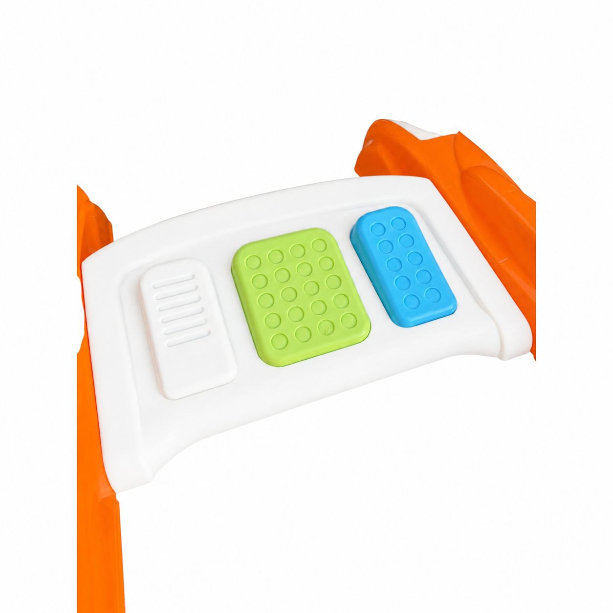 Toy step stool with green and blue buttons on an orange background
