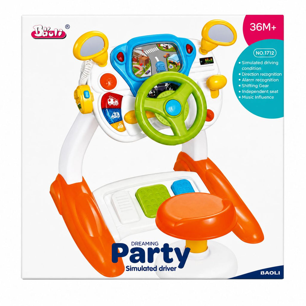 Toy car simulator with steering wheel and dashboard on a white background