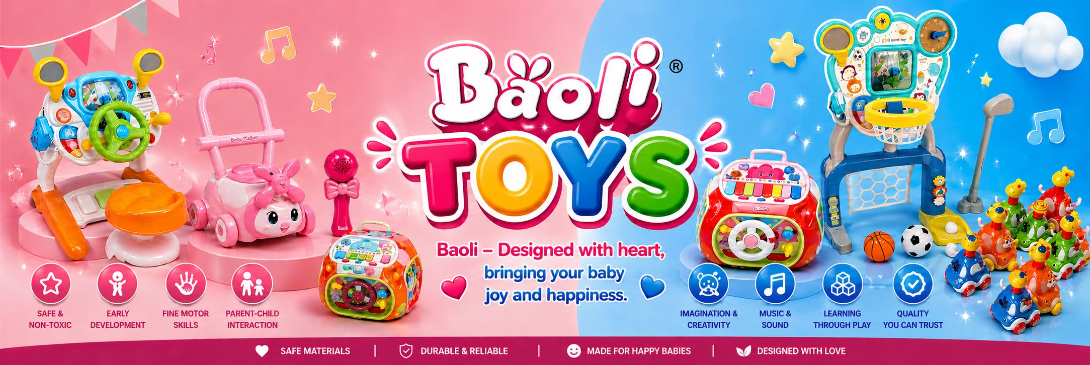 Baoli Toys promotional banner with various toys and colorful design.