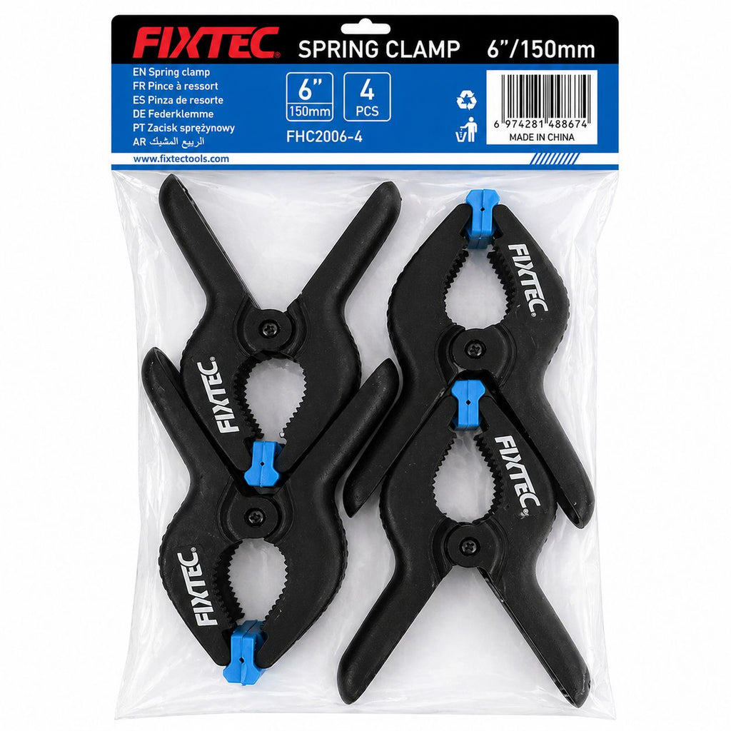 Packaged FIXTEC spring clamps with clear plastic wrapping on a white background