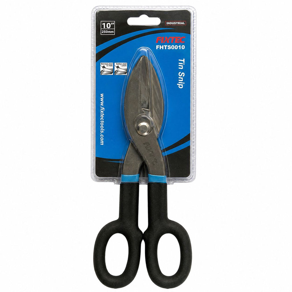 Pair of tin snips in packaging with Fixtec branding on a white background