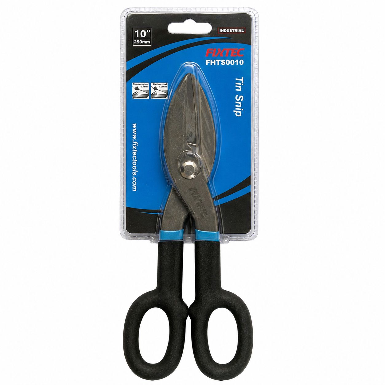 Pair of tin snips in packaging with Fixtec branding on a white background