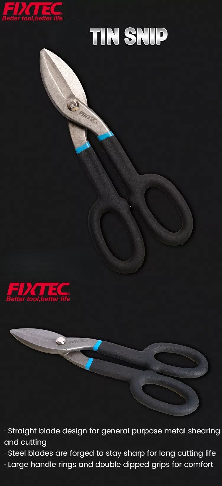 Tin snip with Fixtec branding on a black background