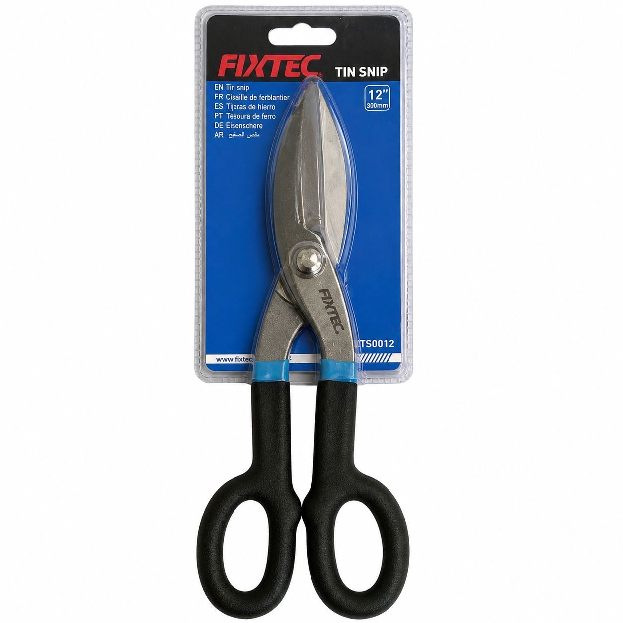 Pair of tin snips with Fixtec packaging on a white background
