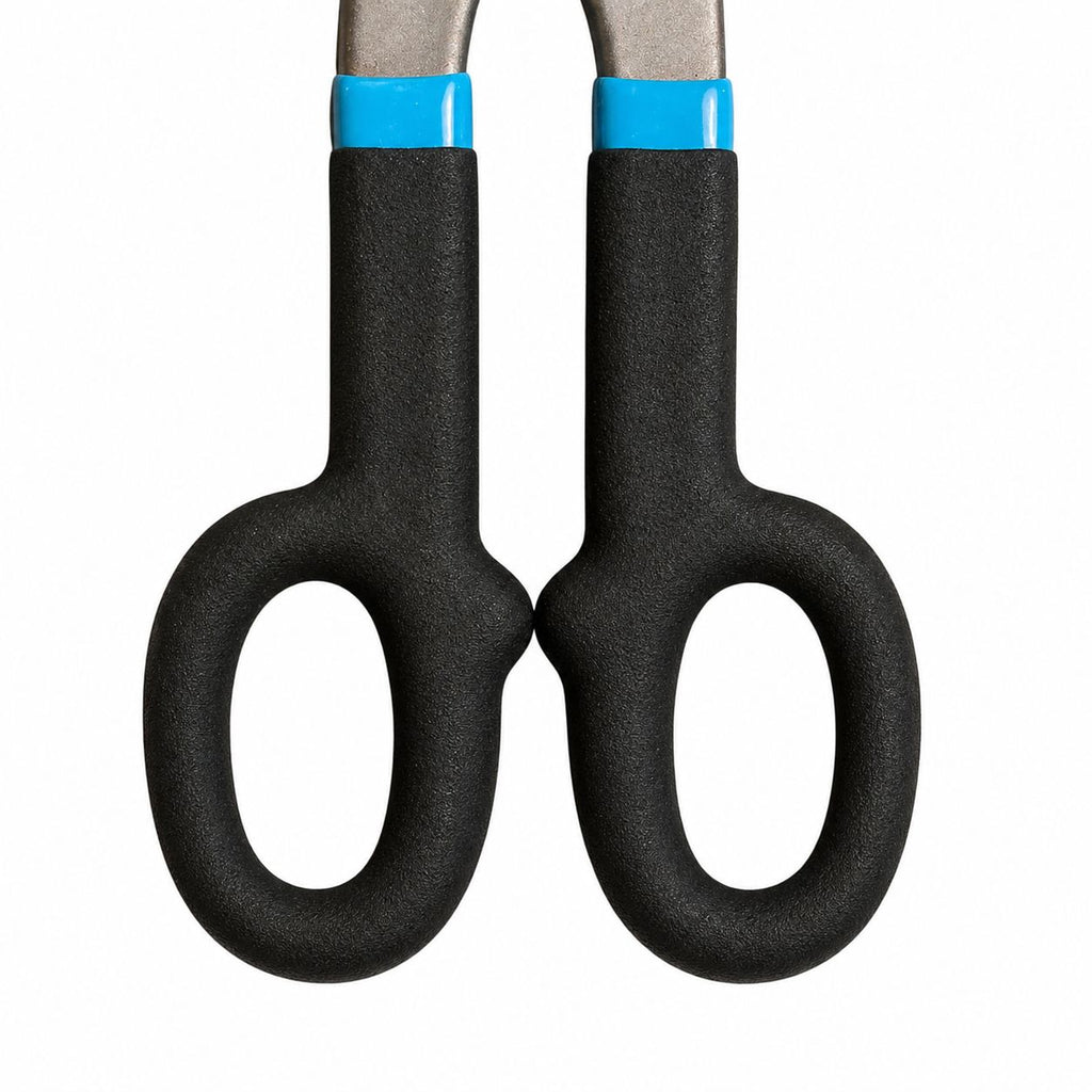 Pair of black-handled scissors with blue accents on a white background