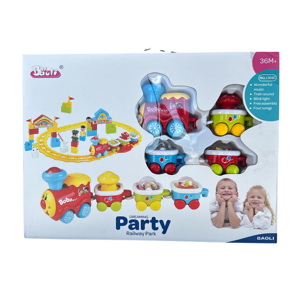 Toy train set packaging with children on a white background