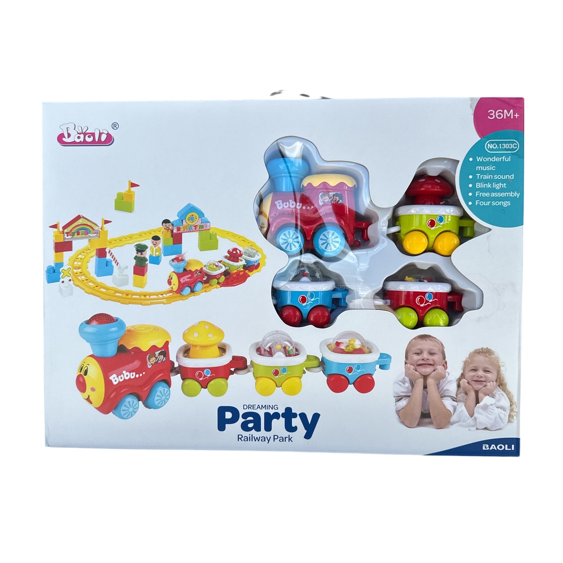 Toy train set packaging with children on a white background