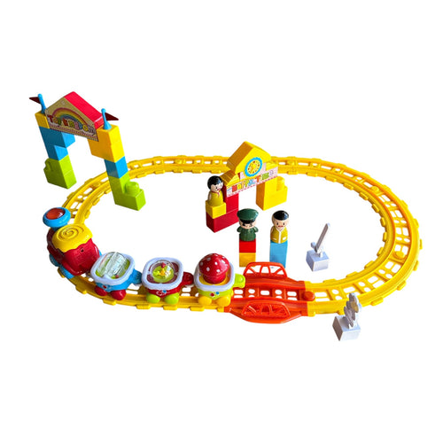 Colorful toy train set with track and figures on a white background