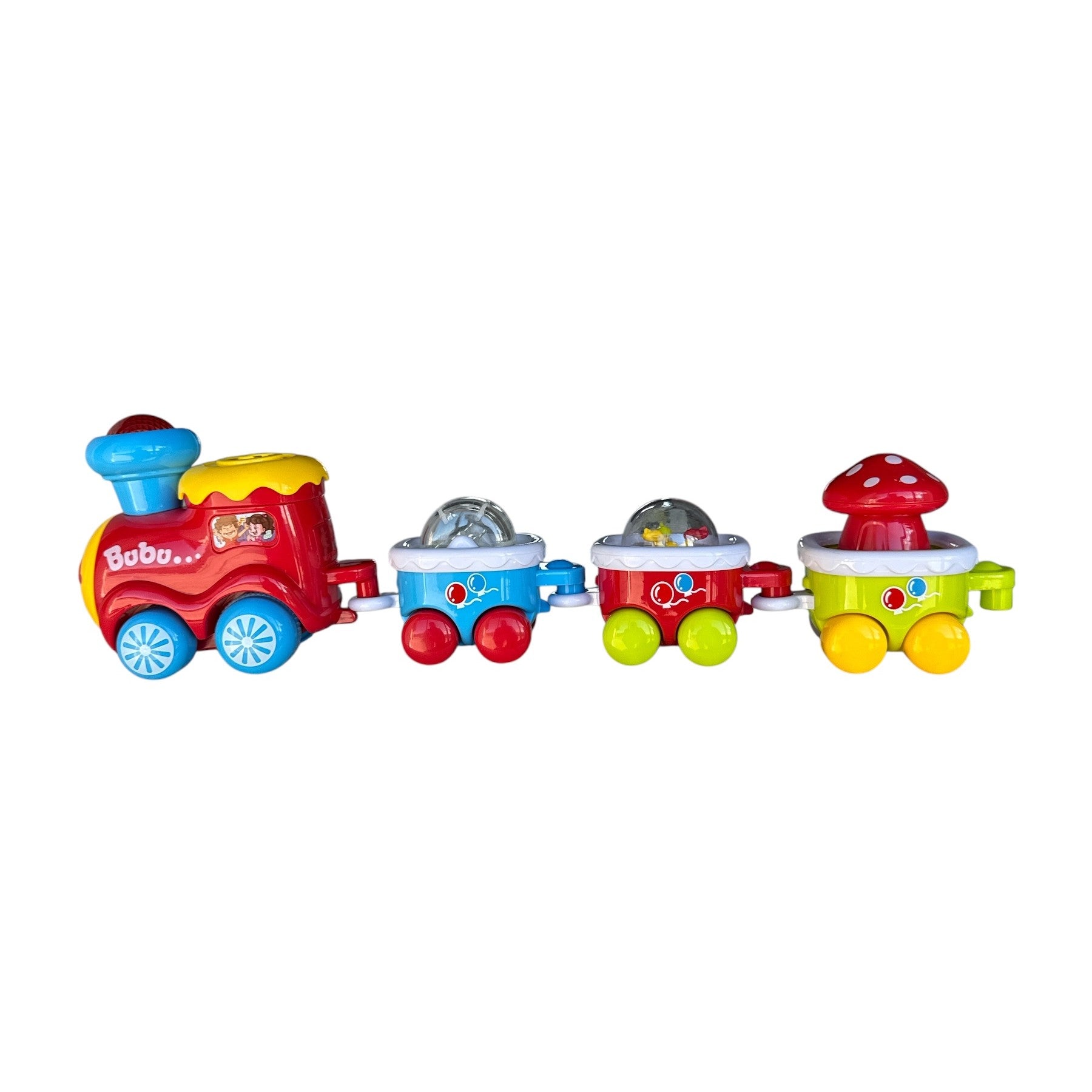 Colorful toy train set on a white background