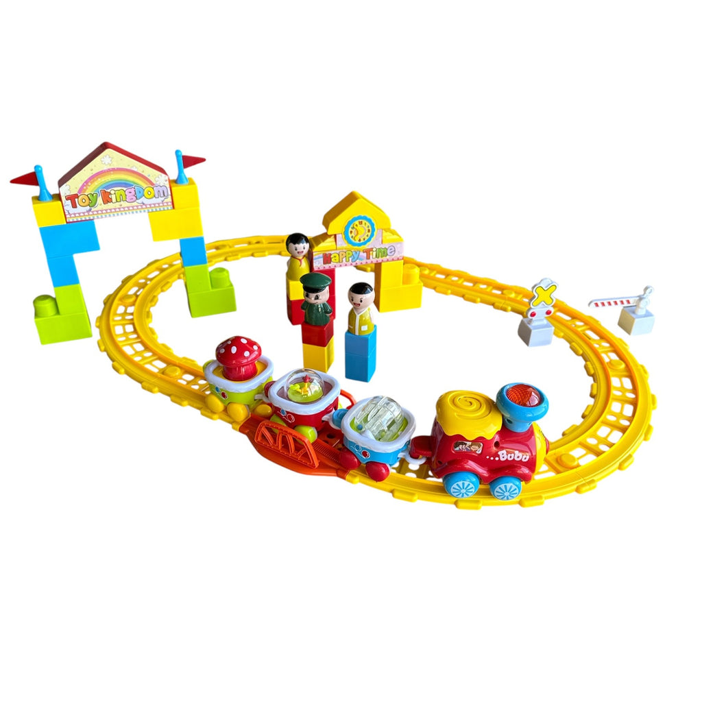 Toy train set with tracks and colorful elements on a white background