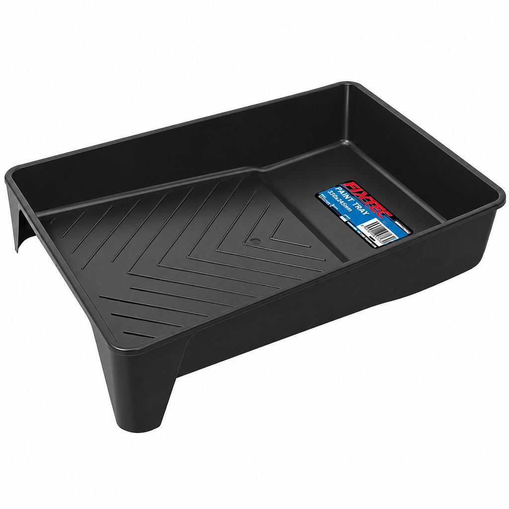Black paint tray with a brand label on a white background