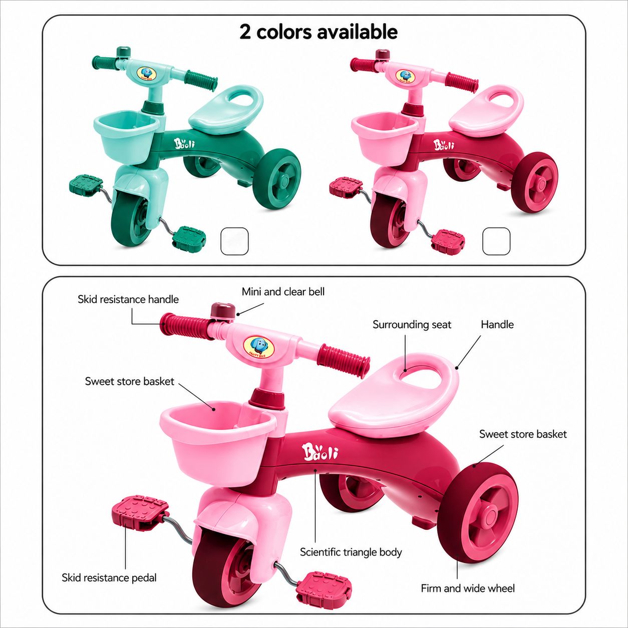 Children's tricycle with features labeled and two color options shown.
