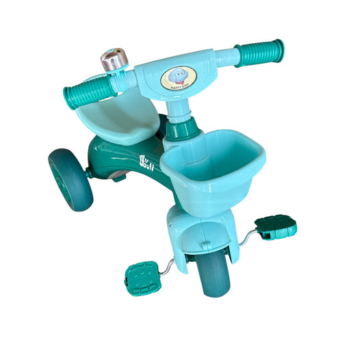 Turquoise children's tricycle with a seat and handlebar on a white background