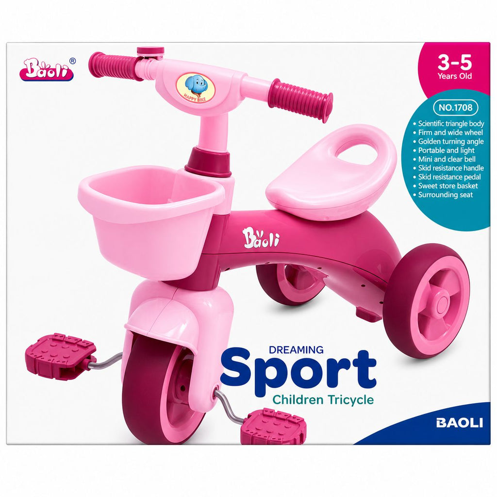 Pink children's tricycle with handlebars and seat on a white background, featuring the Baoli brand.