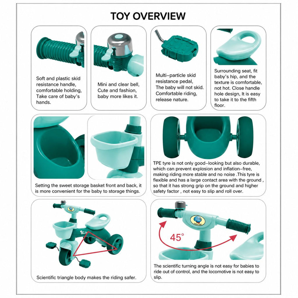 Toy overview with features and specifications of a green toy vehicle on a white background