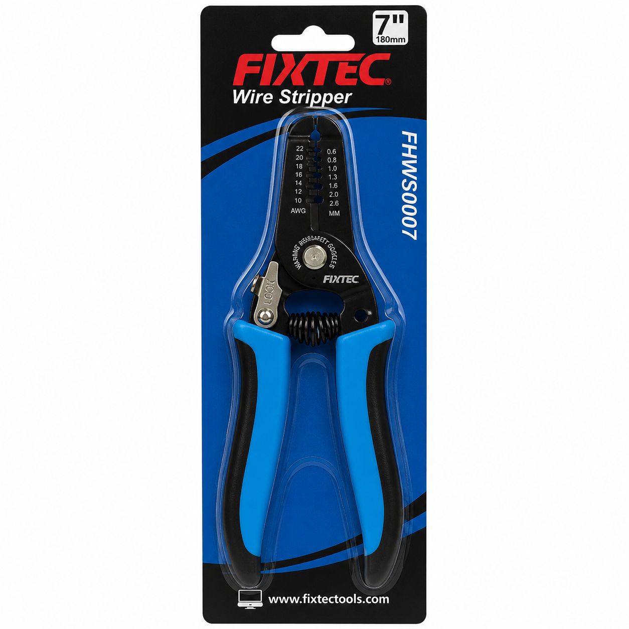 Fixtec wire stripper with blue handle on a white background