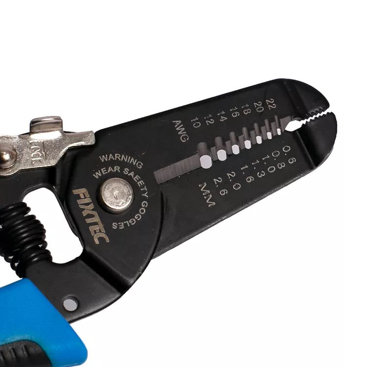 Pair of wire strippers with a black and blue design on a white background