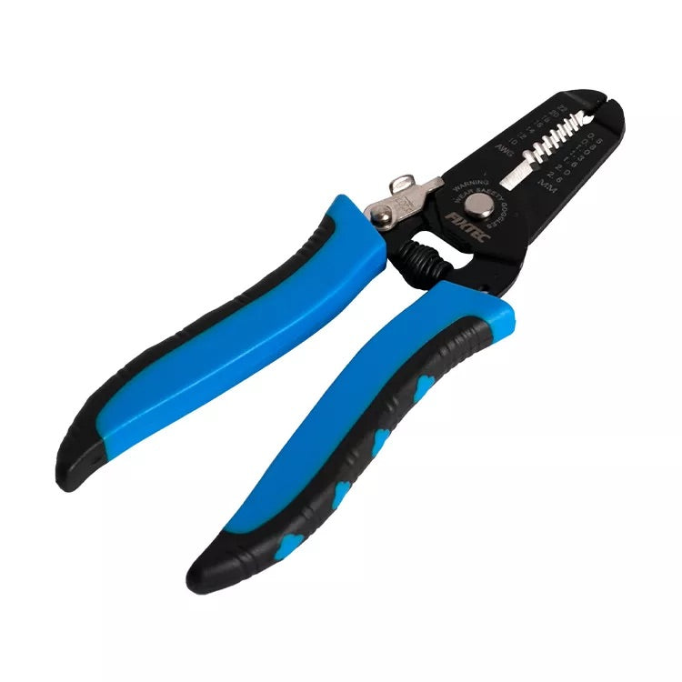 Blue and black wire stripper on a white background