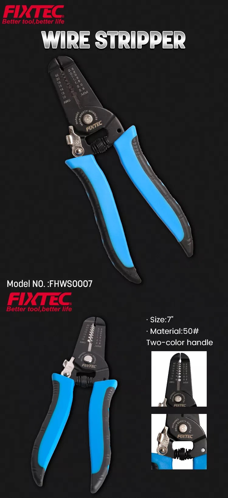 FIXTEC wire stripper with blue and black handles on a black background