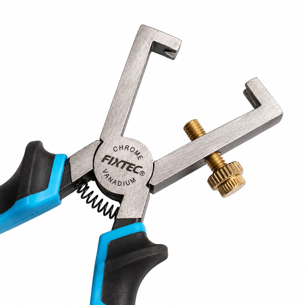 Pair of pliers with blue handles and a gold screw on a white background, featuring the FIXTEC brand.