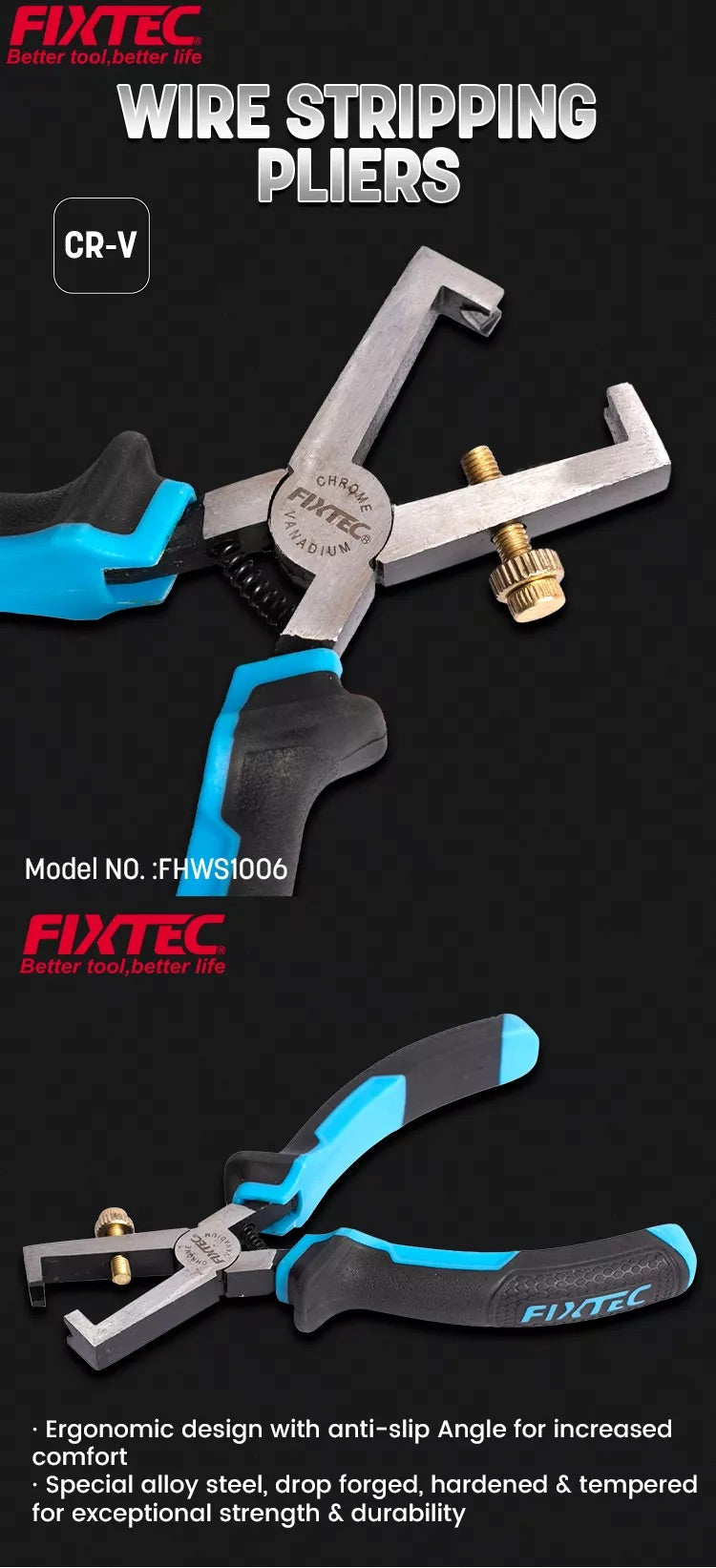 FIXTEC wire stripping pliers with blue and black handles on a black background