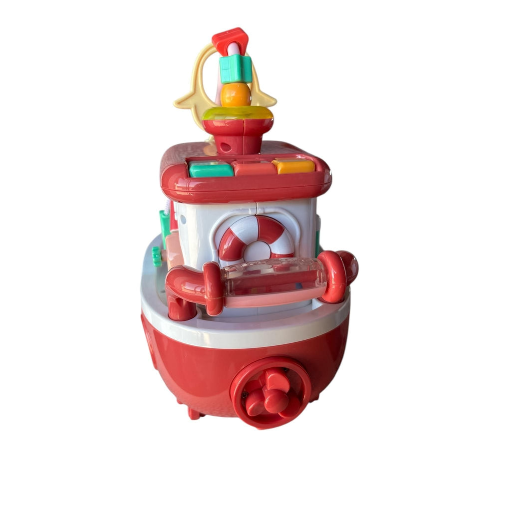 Colorful toy boat with various parts on a white background