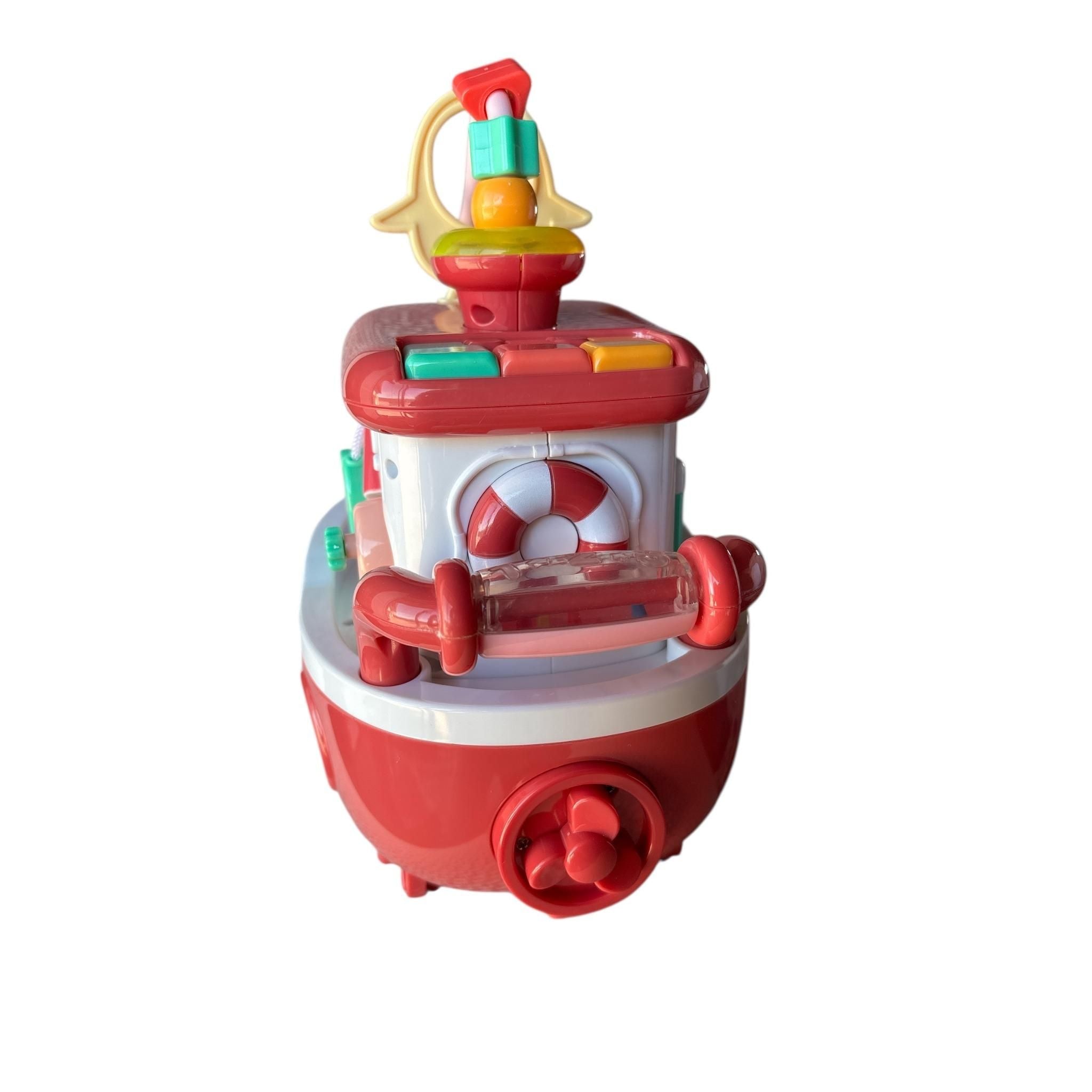 Colorful toy boat with various parts on a white background