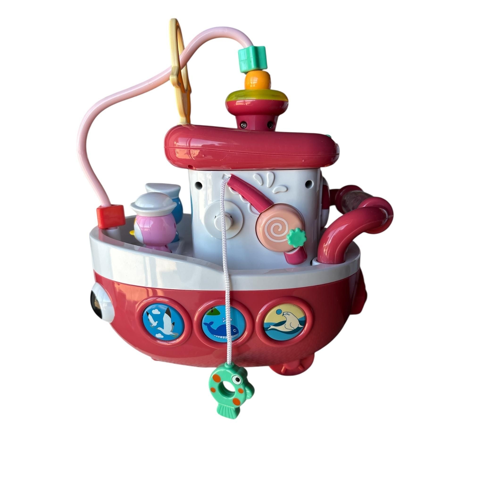 Colorful toy submarine with various interactive elements on a white background