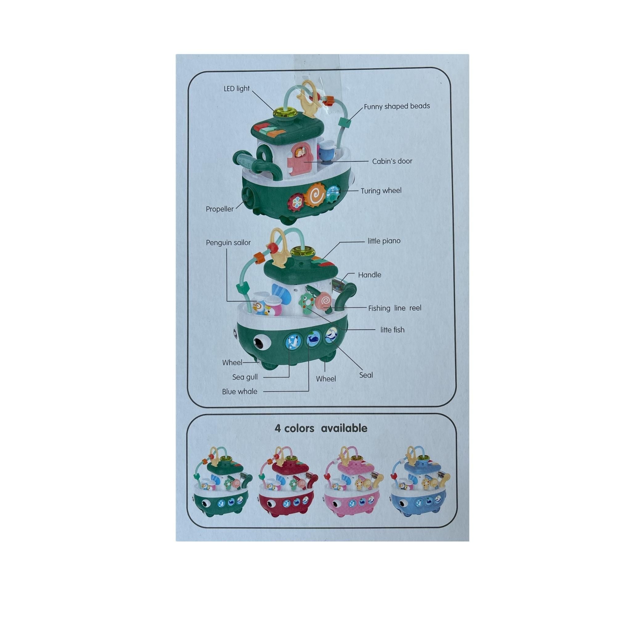 Product packaging with toy submarine illustration and feature list on a white background